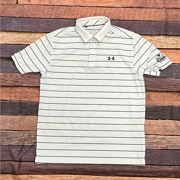 Under Armour Baltustrol 2016 Men's White Striped Polo Shirt Golf Golfer - Picture 1 of 6